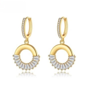 Detailed close-up of 18K gold plated baguette-cut cubic zirconia dangle earrings
