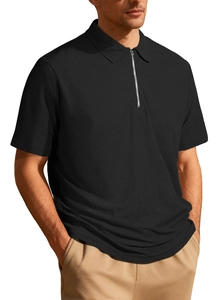 Detailed view of black textured knit fabric and metal zipper collar on a men's polo shirt