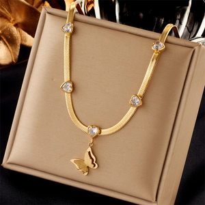 Collana Pendente Farfalla Acciaio Inossidabile Cuore Zircone Pietra Preziosa Placcato Oro Catena Serpente Moda Vintage Donna