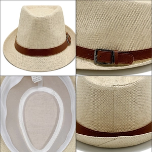 Classic beige straw jazz hat with brown faux leather belt buckle strap for beach vacations