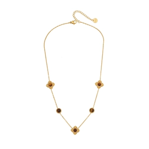 Gold stainless steel necklace with brown tiger stone flower pendants and lobster clasp