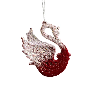 Nordic flocked swan Christmas ornament with red velvet base and silver glitter finish