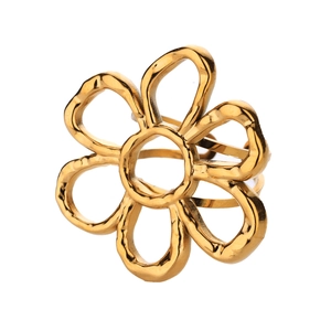 Close-up of 18K gold plated open ring featuring hollowed floral petals with refined metallic luster