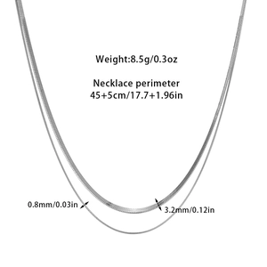 Silver snake chain necklaces in 0.8mm and 3.2mm widths with weight and size specifications