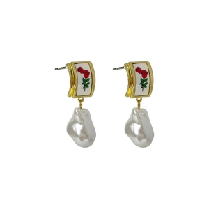 Baroque pearl earrings with vintage red rose enamel pattern and gold finish