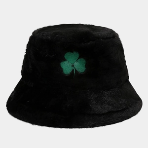 Winter plush bucket hat in black faux fur featuring green shamrock clover embroidery