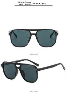 Detailed views showing the front and side profile of black double bridge aviator sunglasses