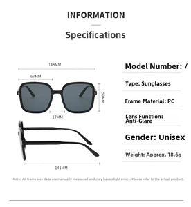 Detailed technical diagram showing dimensions of black square frame oversized sunglasses