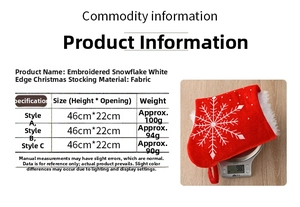 Tableau des tailles montrant les dimensions et le poids des chaussettes de Noël brodées