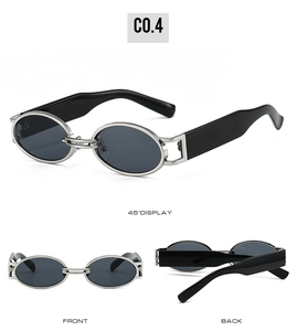 Macro detail of retro oval sunglasses with silver metal frames and thick black temples