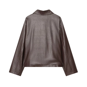 Brown woven leather cropped jacket with back view display on white background
