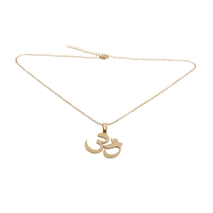 Golden Om symbol pendant necklace in stainless steel with adjustable chain on white background