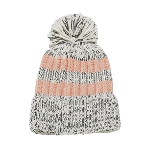 Close-up of pink and grey striped knitted beanie with a large faux fur pom-pom detail