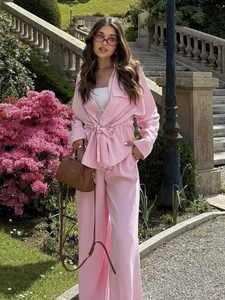 Women's pink long sleeve drawstring shirt and high waist wide leg pants two-piece set