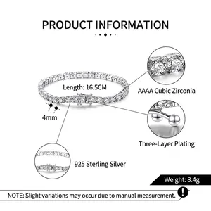 Classic S925 sterling silver tennis bracelet with 4mm AAAA zircons and triple-layer plating