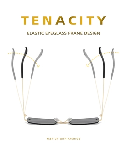 Macro view of flexible rimless sunglasses frame with elastic golden metal temples