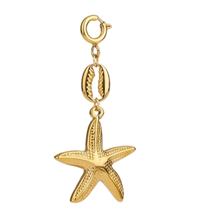 Gold stainless steel starfish pendant with shell connector on white background