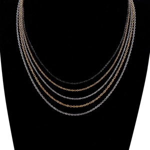 Detail of layered stainless steel O-chains in silver gold and black on a neck model