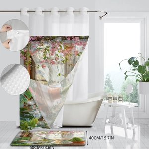 Close-up detail of digital floral print waterproof shower curtain and non-slip bath mat set