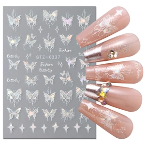 3D laser silver butterfly and star nail art stickers with sample manicure display