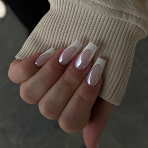 Faux Ongles Press On French Glossy Forme Cercueil Rose Nude Blanc Ongles Artificiels Couverture Complète Style Salon Femme