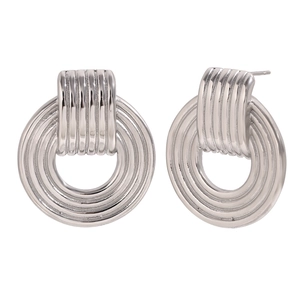 Vintage silver stainless steel hoop earrings with rectangular stud and concentric rings
