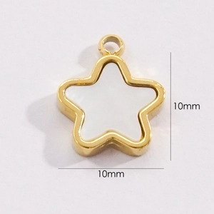 Macro view of 10mm star-shaped 14K gold titanium pendant with white shell inlay