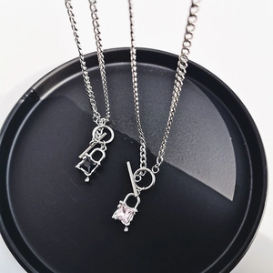 Fashionable OT buckle lock pendant necklaces with black and pink square crystals