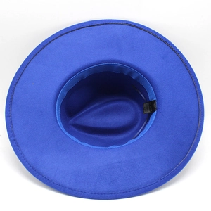 Top view of flat brim fedora hat interior showing blue felt texture and inner sweatband