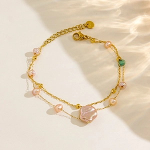 Bracelet double couche en acier inoxydable or 14K avec perles baroques et turquoise