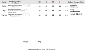 Tableau des tailles pour jupe en similicuir avec détails polyester et revêtement PU