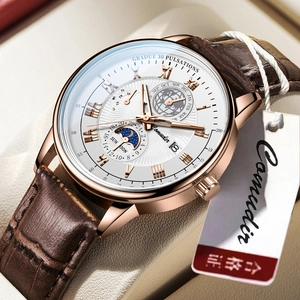 Men Quartz Watch Genuine Leather Strap Alloy Case Waterproof Moon Phase Calendar Luminous Business Casual Wristwatch