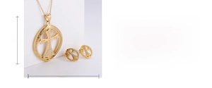 Detail of gold titanium steel cross jewelry set with dimensions and crystal inlays