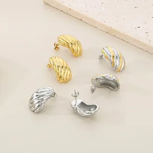 Boucles D'oreilles Créoles Acier Inoxydable Texture Nervurée Rayée Plaqué Or 18K Rétro Français Minimaliste