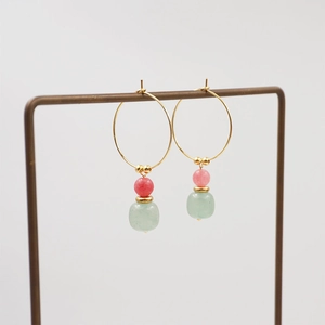 Retro style gold hoop earrings with pink and green cherry beads for women