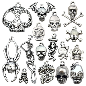 Antique Silver Alloy Skull Skeleton Pendants Halloween Gothic DIY Jewelry Making Charms Mixed Styles Punk Accessories