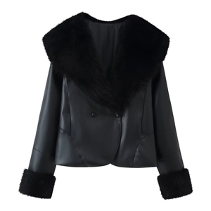 Veste motard femme en similicuir noir avec col et poignets en fausse fourrure luxueuse