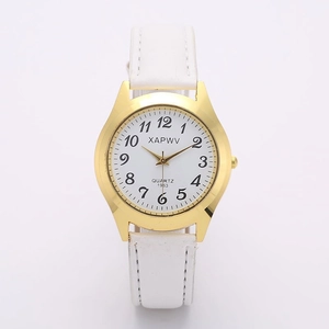 Classic gold-case quartz watch with white leather strap and Arabic numerals dial