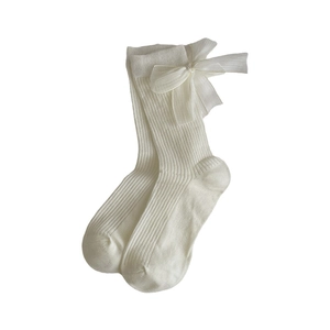 Creamy white ribbed mid-calf socks with delicate mesh bow detail for sweet lolita style