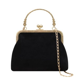 Sac bandoulière rétro en velours noir avec chaîne dorée et poignée en métal gravé