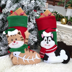 Cartoon 3D cat and dog Christmas stockings used as festive candy gift bags for home decor