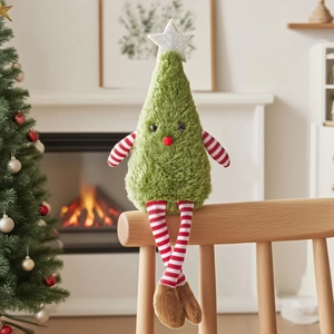 Charming plush Christmas tree doll on a wooden chair by a warm fireplace background