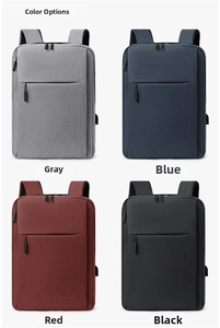 Detail view of laptop backpack in four colors with USB port and scratch-resistant fabric