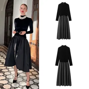 Robe Longue Noire Élégante À Manches Longues Col Montant Épissage En Velours Plissé Soirée Style Mondain Pour Femmes