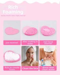 Detailed steps showing pink heart sponge expanding and foaming for facial cleansing