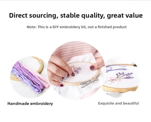 Detail of lavender embroidery DIY kit including wooden hoop, threads and printed fabric
