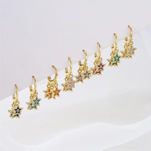 Star Drop Hoop Earrings 18K Gold Plated Copper Colorful Zircon Pendant Jewelry For Women INS Style Elegant Dainty