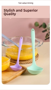 Food-grade silicone ladles in mint green, lavender, and gray with long handles in a kitchen set