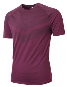 Detail of burgundy moisture-wicking fabric and V-shaped pattern on men's sport T-shirt