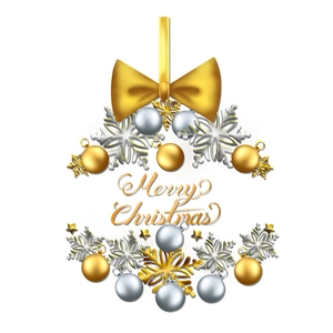 Golden and silver Christmas ball ornaments and snowflakes with Merry Christmas text